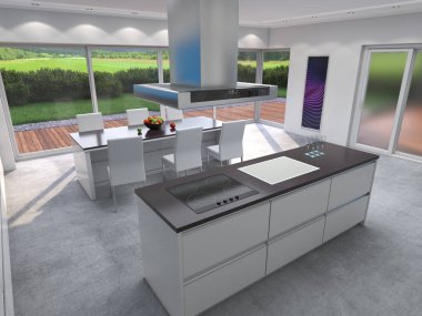 mavi kapı aynası ile 3D işleme modern mutfak