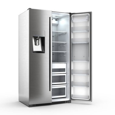 Beyaz bir arka planda açık bir kapı ile 3D render büyük buzdolabı