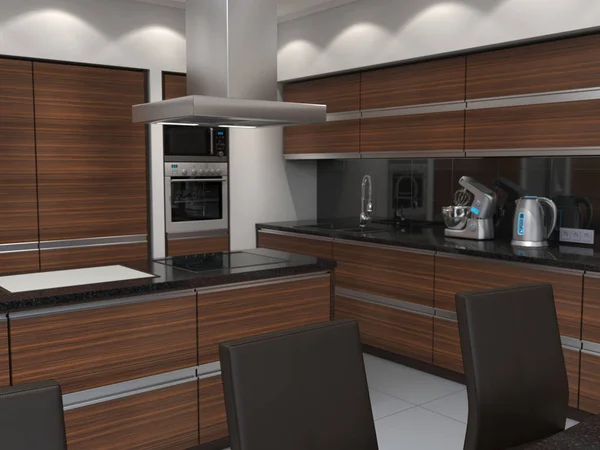 Rendering Moderne Keuken Met Houten Panelen — Stockfoto