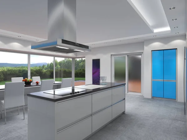 Representación Cocina Moderna Con Paneles Azules — Foto de Stock