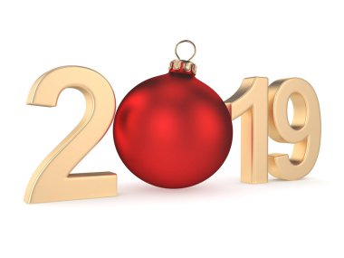3D render 2019 yeni yıl altın basamağıyla kırmızı bir Noel top