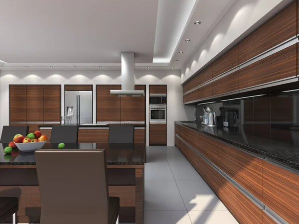 Render Dapur Modern Dengan Panel Kayu — Stok Foto