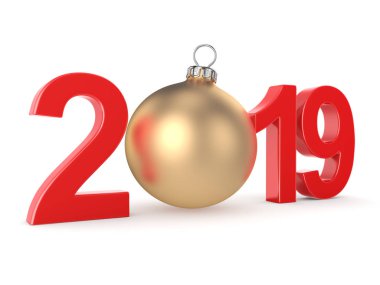 3D render 2019 yeni yıl kırmızı basamağıyla altın bir Noel top