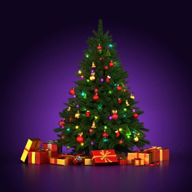 3D render Noel ağacı oyuncaklar ve hediyeler ile dekore edilmiştir.