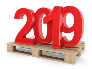 3D render 2019 yeni yıl kırmızı basamak değer bir palet üzerindeki