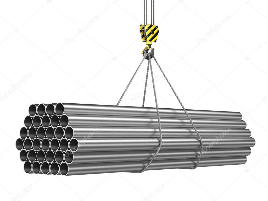 3D rendering of a crane hook with a load of metal rolled products