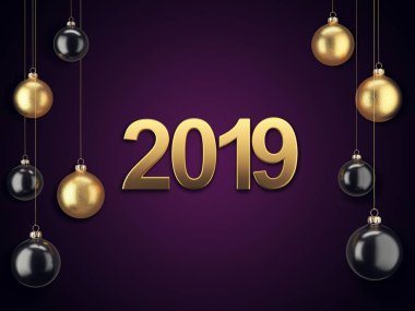 3D render Noel kartı Noel topları ve yazıt 2019