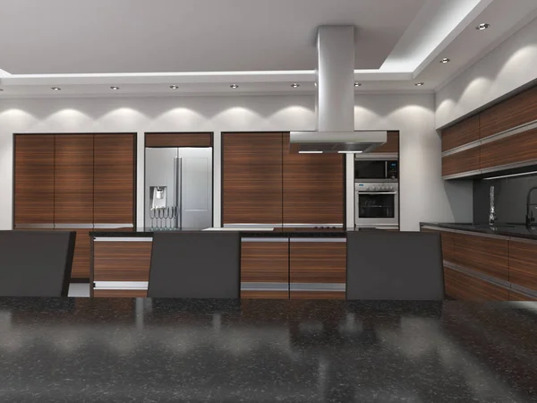 Rendering Moderne Keuken Met Houten Panelen — Stockfoto