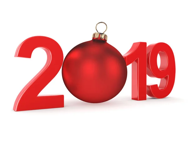 Rendering 2019 New Year Red Digits Red Christmas Ball — Stock Photo, Image