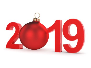 3D render 2019 yeni yıl kırmızı basamağıyla kırmızı bir Noel top