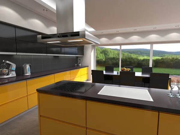 Rendering Modern Kitchen Yellow Panels — Stock Photo, Image