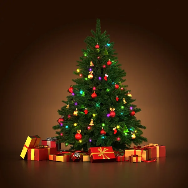 Render Noel Ağacı Oyuncaklar Hediyeler Ile Dekore Edilmiştir — Stok fotoğraf