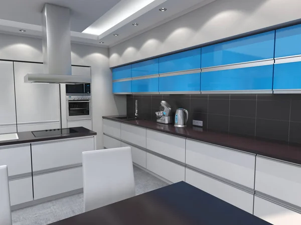 Rendering Cucina Moderna Con Pannelli Blu — Foto Stock