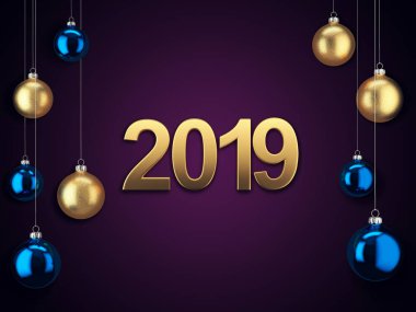 3D render Noel kartı Noel topları ve yazıt 2019