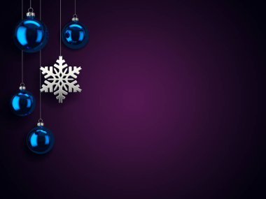 3D render Noel kartı Baubles ve kar tanesi