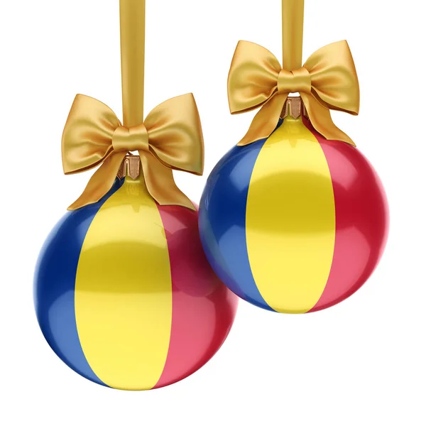 Representación 3D de la bola de Navidad con la bandera de Romania — Foto de Stock