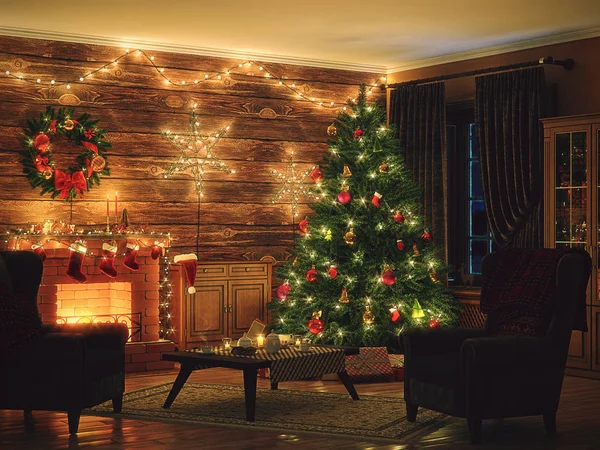 Vykreslování Vánoční Interiér Noci Barvách — Stock fotografie