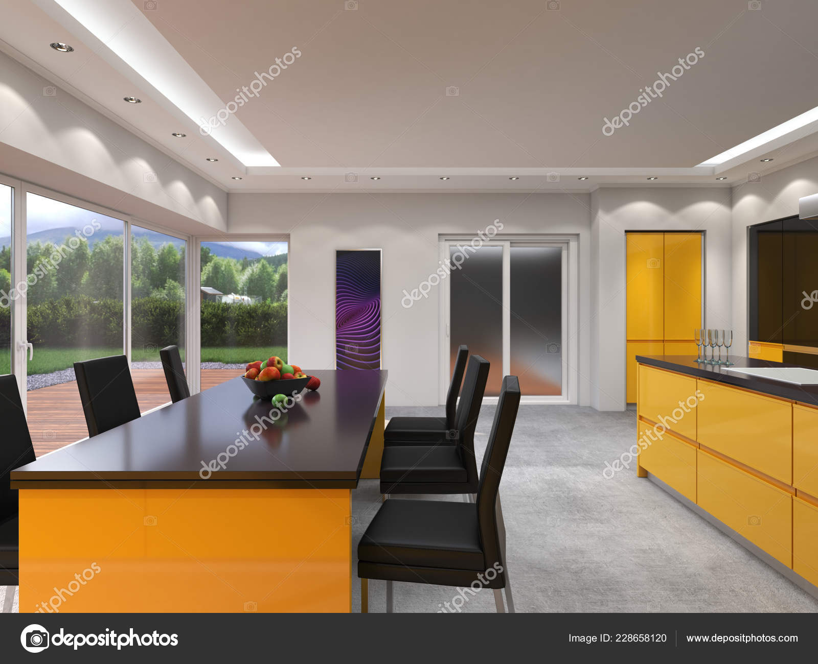 Rendering Modern Kitchen Yellow Panels Stock Photo