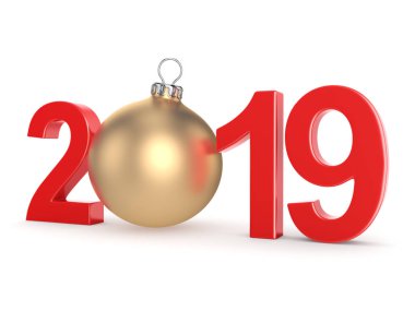 3D render 2019 yeni yıl kırmızı basamağıyla altın bir Noel top