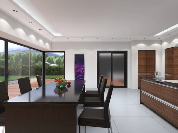 Render Dapur Modern Dengan Panel Kayu — Stok Foto