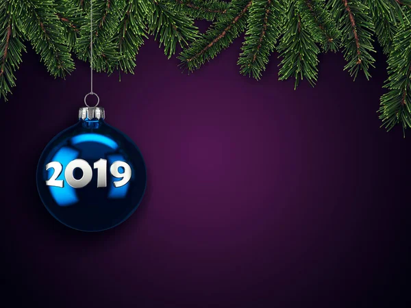 3D Rendering Christmas card with a Christmas ball with the inscription 2019