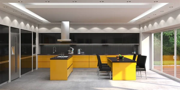 Render Modern Dapur Dengan Panel Kuning — Stok Foto