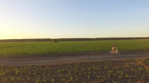 Menina Agricultor Aéreo Inspecionando Campos Bicicleta Luz Sol — Vídeo de Stock