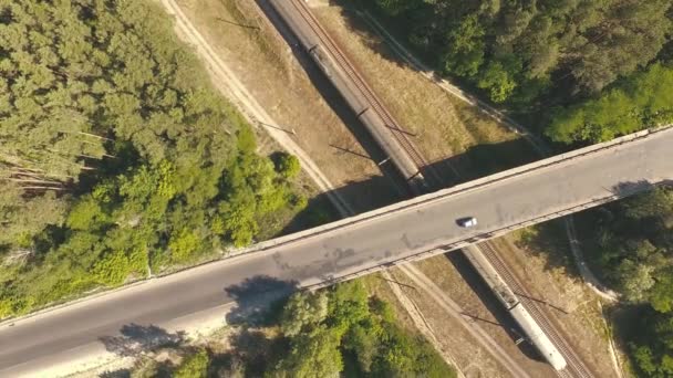 Aerial View Crossroad Railroad Cars Bridge — Stock Video