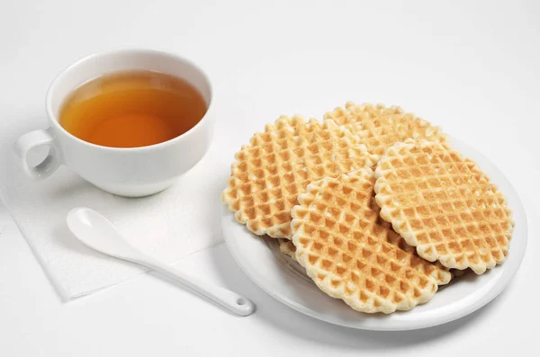 Homemade Waffles Plate Cup Tea White Background — Stock Photo, Image