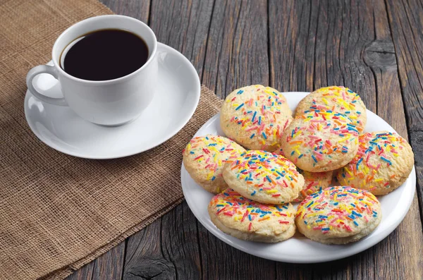 Shortbread Cookies Colored Sprinkles Cup Coffee Rustic Wooden Table — Stock Photo, Image