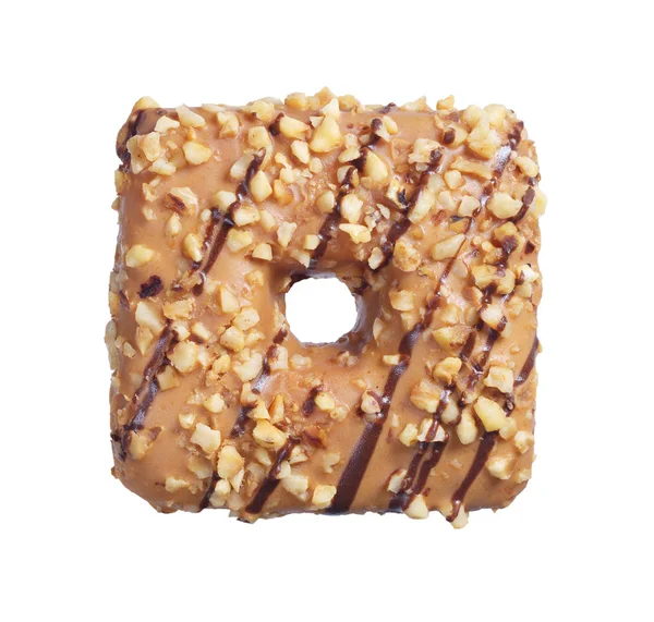 Vierkante Donut Met Een Karamel Glaze Versierd Met Geroosterde Hazelnoten — Stockfoto