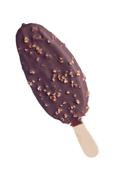 Ice Cream Chocolade Glazuur Met Noten Een Stick Geïsoleerd Witte — Stockfoto