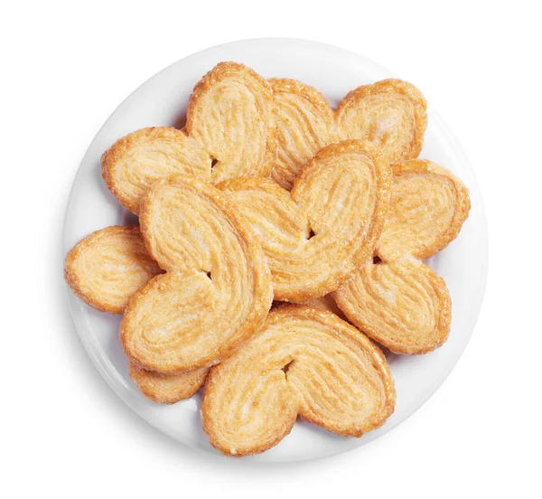 Palmiers Biscotti Sfoglia Piatto Fondo Bianco Vista Dall Alto — Foto Stock