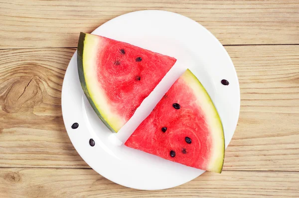 Juicy Watermelon Slices Plate Wooden Table Top View — Stock Photo, Image