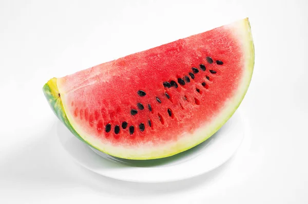 Slice Juicy Watermelon Plate White Background — Stock Photo, Image