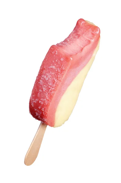 被咬的五颜六色的冰棒 在白色背景上被隔离的棍子上的冰淇淋 — 图库照片