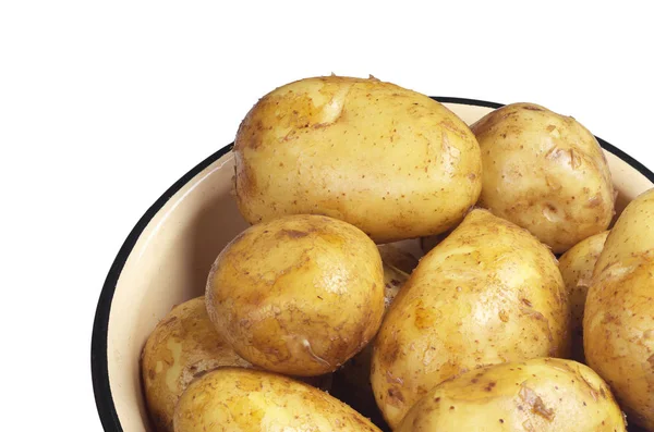 Gewaschene Rohe Kartoffeln Schüssel Isoliert Auf Weißem Hintergrund Nahaufnahme — Stockfoto