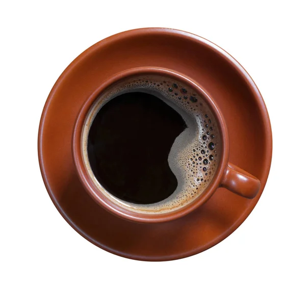 咖啡在褐色杯子被隔绝在白色背景 顶部看法 — 图库照片