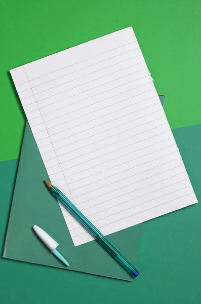 Sheet Notebook Pen Green Background Top View — Stock Photo, Image