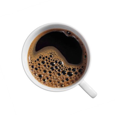 Sıcak kahve beyaz arka plan yakın çekim, üstten görünüm izole