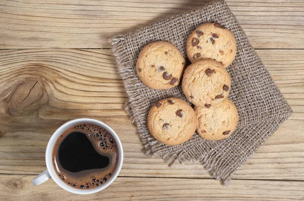 Tasse Café Biscuits Chocolat Sur Une Toile Jute Est Situé — Photo