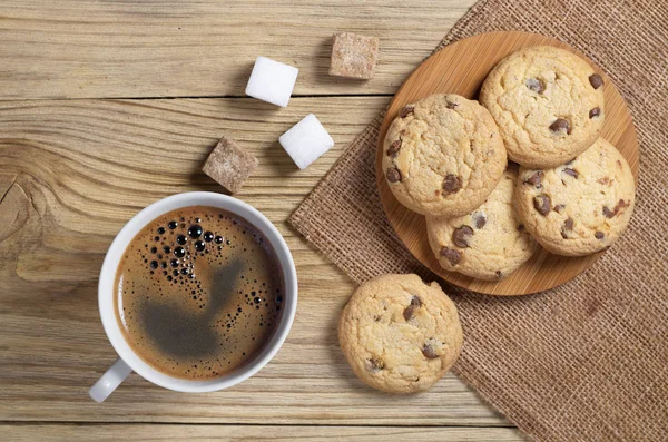 Cup Coffee Cookies Chocolate Old Wooden Table Top View — Stock Photo, Image