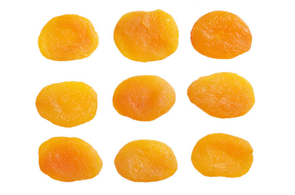 Dried apricots set, isolated on white background, top view