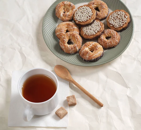 Tasse Thé Biscuits Sucrés Dans Une Assiette Pour Petit Déjeuner — Photo