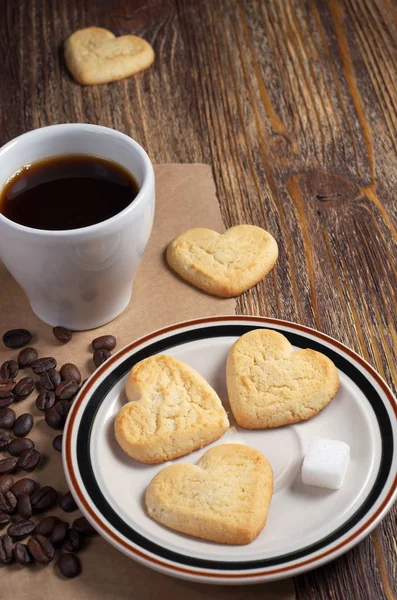 Shortbread Cookies Shape Heart Plate Cup Coffee Old Wooden Table — Stock Photo, Image