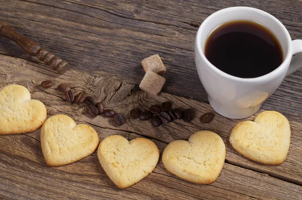 Homemade Shortbread Cookies Shape Heart Cup Coffee Old Wooden Background — Stock Photo, Image