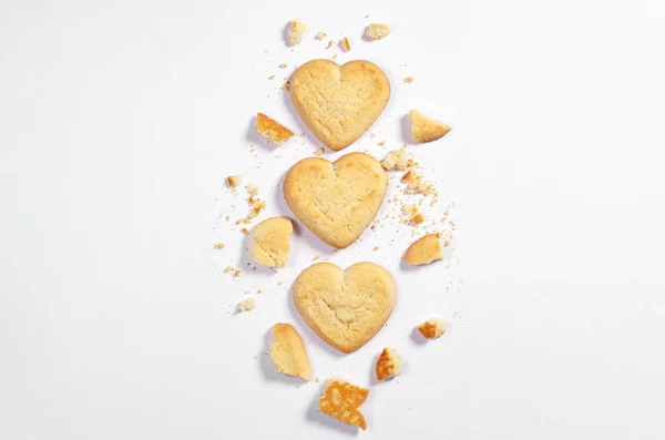 Shortbread Cookies Shape Heart Whole End Broken White Background Top — Stock Photo, Image