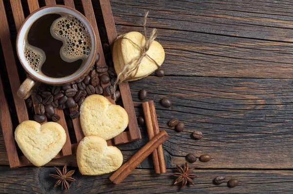 Cup Coffee Shortbread Cookies Shape Heart Dark Wooden Table Top — Stock Photo, Image