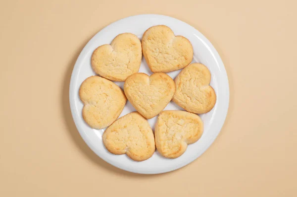 Homemade Cookies Shape Heart Plate Light Brown Background Top View — Stock Photo, Image