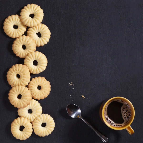 Cup Coffee Shortbread Cookies Black Stone Background Top View Space — Stock Photo, Image